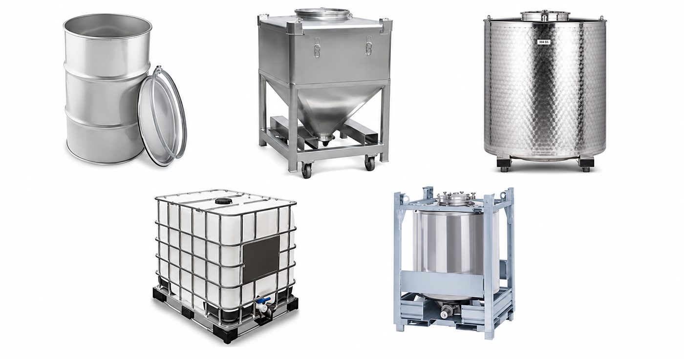 Geschikte containers: vaten, drums, IBC-containers, mengtanks en roestvrijstalen tanks